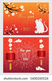 set poster of happy new year chinese with decoration vector illustration design