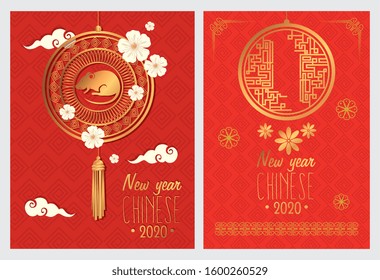 set poster of happy new year chinese with decoration vector illustration design