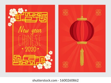 set poster of happy new year chinese with decoration vector illustration design