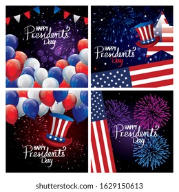set poster of happy presidents day with decoration vector illustration design