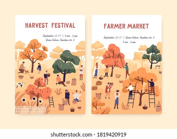 Set Poster Of Harvest Festival And Farmer Market With Place For Text Vector Flat Illustration. Announcement Of Autumn Seasonal Local Fair. People Picking Apples. Agricultural Farm Trade Event