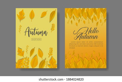 Poner el afiche hola diseño otoñal , hojas de volante de fondo otoño decorativo, póster concepto otoño , fondo dorado fondo internacional color 