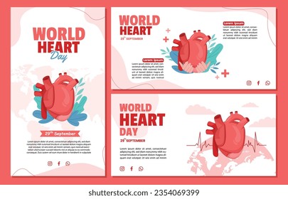 set of poster icons for world heart day. heart day illustration with health care character on September 29 pink background.