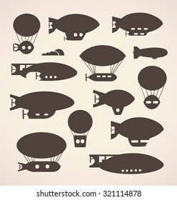 Set Poster illustration of a cute balloon, aerostat and airship. Retro draft of the dirigible and aeronautical assets in a flat style of the city.