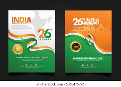 set poster India happy Republic Day background template with elegant ribbon-shaped flag, gold circle ribbon and silhouette india city. vector illustrations