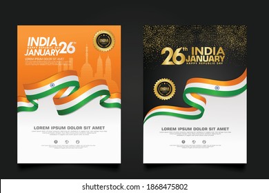 set poster India happy Republic Day background template with elegant ribbon-shaped flag, gold circle ribbon and silhouette india city. vector illustrations