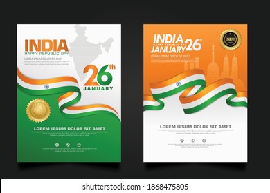 set poster India happy Republic Day background template with elegant ribbon-shaped flag, gold circle ribbon and silhouette india city. vector illustrations