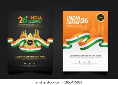 set poster India happy Republic Day background template with elegant ribbon-shaped flag, gold circle ribbon and silhouette india city. vector illustrations