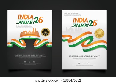 set poster India happy Republic Day background template with elegant ribbon-shaped flag, gold circle ribbon and silhouette india city. vector illustrations