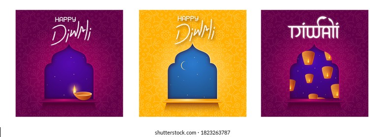 Set poster for Indian festival Diwali with diya oil lamp, sky lanterns and night sky with moon in window