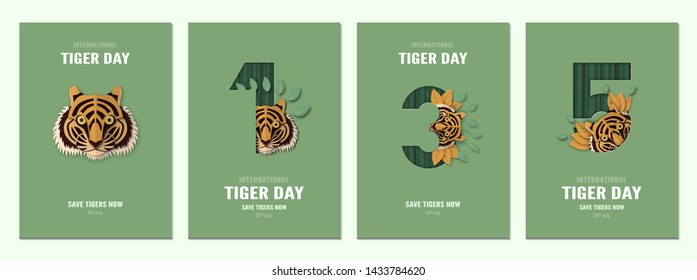 Set of poster for international tiger day, 29 July with number. Template design for invitation, flyer, advertisement with copy or text space. Paper cut and craft style.