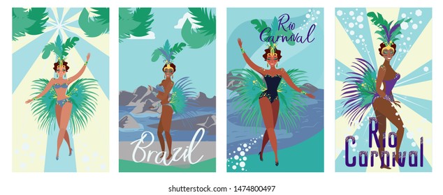 Set Poster Invitation Brazil Rio Carnival Flat. Historical Sights Brazil. Women Dance against Backdrop Huge Statue. Annual National Carnival Event. Woman in Bathing Suit and Feathers Posing.