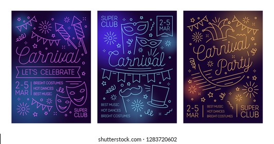 Set of poster or invitation templates for masquerade ball, carnival, costume party, festive performance with masks, hats, fireworks drawn with lines. Linear vector illustration for event announcement.