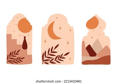 Afiche de la ventana islámica y arco de estilo oriental con diseño moderno en estilo boho, luna, estrellas. ilustración vectorial.
