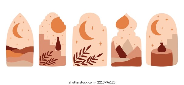 Set Poster of Islamic window and arch in oriental style with modern design in boho style, moon, stars. vector illustration.