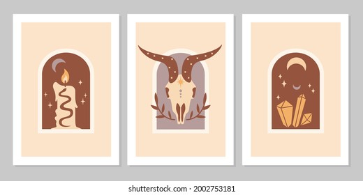 Set poster with magic symbols esoteric witch tattoos. Collection of crescent moon, candle, gem, goat, crystals. Vector flat mystic vintage illustration. Design for poster, card, flyer
