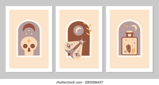 Set poster with magic symbols esoteric witch tattoos. Collection of crescent moon, skull, gem, bottle, crystals. Vector flat mystic vintage illustration. Design for poster, card, flyer