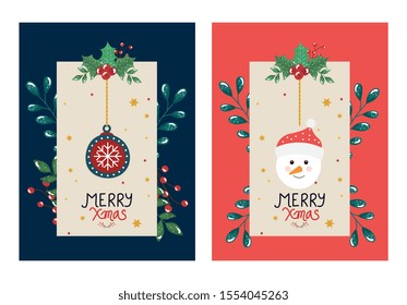 set poster of merry christmas with ball and snowman vector illustration design