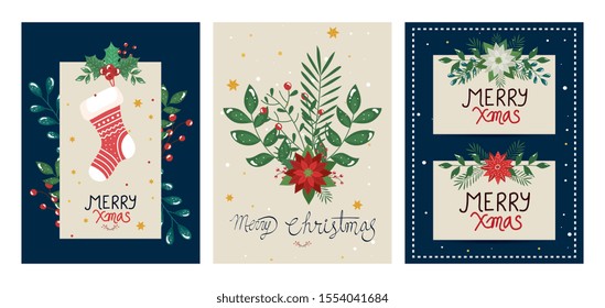 set of poster merry christmas with decorations vector illustration design