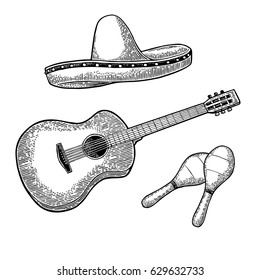 Set for poster mexican carnival. Guitar, maracas and sombrero. Vintage vector black engraving illustration. Isolated on white background.