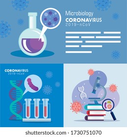 set poster of microbiology for covid 19 and medical icons vector illustration design