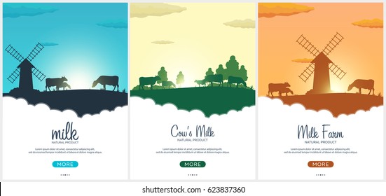 Set of Poster Milk natural product. Rural landscape with mill and cows. Dawn in the village
