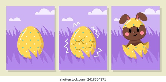 Set of poster with a mini story about a chocolate bunny. Cartoon animal character hatched from a yellow patterned Easter egg. Vector illustration for holiday, spring, festival.