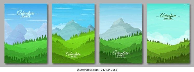 Set of poster. Mountains with hills and field. Blue sky with clouds. Design for poster, banner, flyer. 