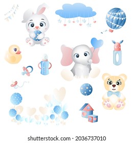 Set for a poster for a newborn baby boy in blue tones. Cute bunny, elephant, teddy bear, cubes, ball, milk bottles and pacifiers, magical delicate flowers and a cloud. Vector illustration