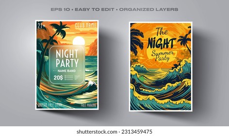 Set poster for night party.Flyer design template.Set flyer for dance club party.Concept design for banner.Layout invitation.Layout cover booklet.Sea or ocean waves.Vector wallpaper.Poster template.