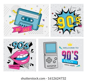 set poster of nineties retro style with icons vector illustration design