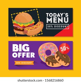 set of poster offer delicious fast food vector illustration design