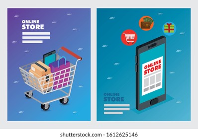 set poster online store with icons vector illustration design