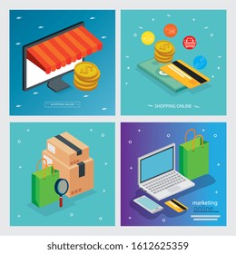 set poster online store with icons vector illustration design