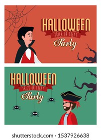 set poster of party halloween with men disguised vector illustration design