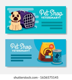 set poster of pet shop veterinary with little dog and icons vector illustration design
