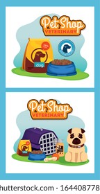 set poster of pet shop veterinary with icons vector illustration design