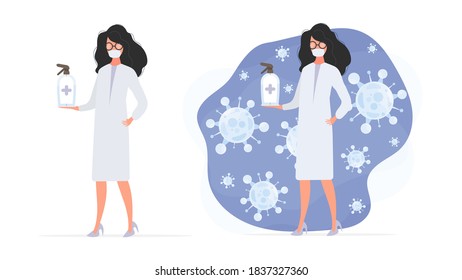Set for a poster or presentation. Girl doctor holds a sanitizer in her hands. Medical woman in a white coat. Antiseptic. Vector.