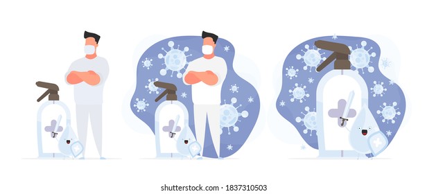 Set for a poster or presentation. A medic in a white suit. Doctor in a medical mask.  Drop with sword and shield. Sanitizer in a flat style. 