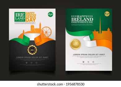 Set Poster Promotions Irland Happy Independence Day Hintergrundvorlage mit futuristischen Band-Fahne, Gold Kreis Band und Silhouette ireland Stadt. Vektorgrafiken