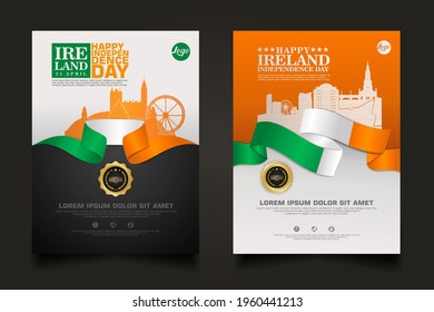 Set poster promotions Ireland happy Independence Day background template with futuristic ribbon-shaped flag, gold circle ribbon and silhouette ireland city. vector illustrations