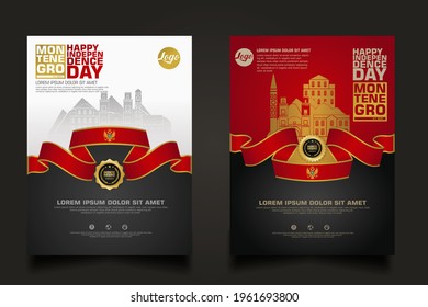 Set poster promotions Montenegro happy Independence Day background template with elegant ribbon-shaped flag, gold circle ribbon and silhouette Montenegro city. vector illustrations