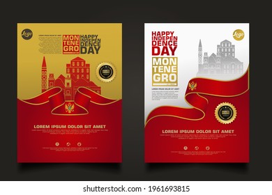 Set poster promotions Montenegro happy Independence Day background template with elegant ribbon-shaped flag, gold circle ribbon and silhouette Montenegro city. vector illustrations