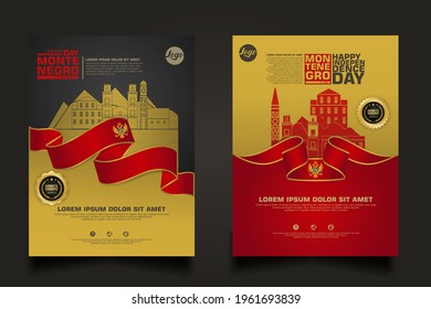 Set poster promotions Montenegro happy Independence Day background template with elegant ribbon-shaped flag, gold circle ribbon and silhouette Montenegro city. vector illustrations