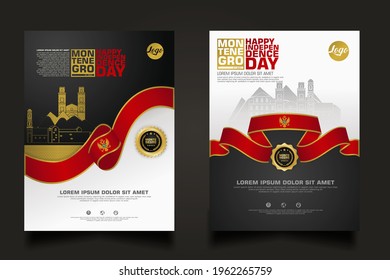 Set poster promotions Montenegro happy Independence Day background template with elegant ribbon-shaped flag, gold circle ribbon and silhouette Montenegro city. vector illustrations