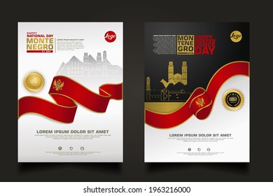 Set poster promotions Montenegro happy Independence Day background template with elegant ribbon-shaped flag, gold circle ribbon and silhouette Montenegro city. vector illustrations