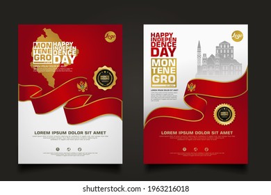Set poster promotions Montenegro happy Independence Day background template with elegant ribbon-shaped flag, gold circle ribbon and silhouette Montenegro city. vector illustrations