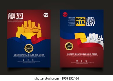 Set poster promotions Romania happy Independence Day background template with futuristic ribbon-shaped flag, gold circle ribbon and silhouette Romania city. vector illustrations