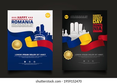 Set poster promotions Romania happy Independence Day background template with futuristic ribbon-shaped flag, gold circle ribbon and silhouette Romania city. vector illustrations