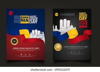 Set poster promotions Romania happy Independence Day background template with futuristic ribbon-shaped flag, gold circle ribbon and silhouette Romania city. vector illustrations
